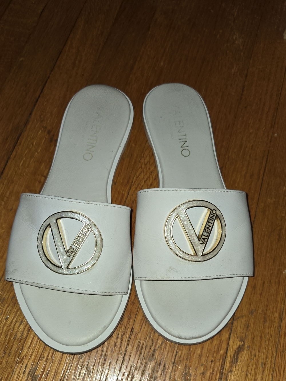 Valentino White Slide Mules with Gold Emblem